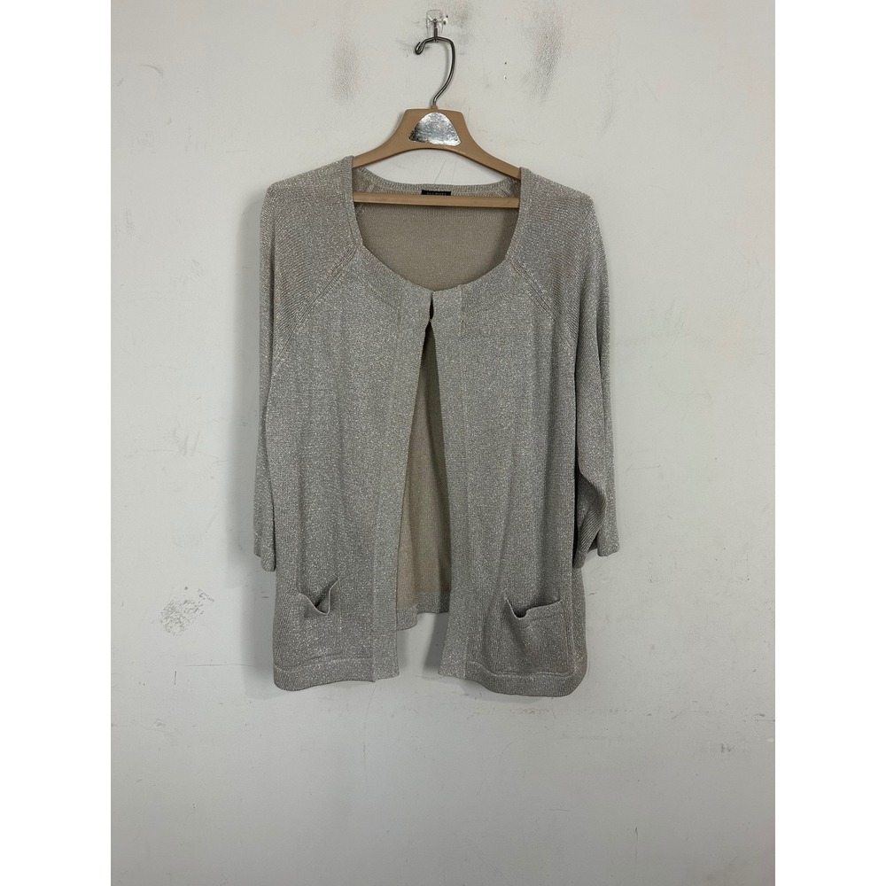 Talbots Woman Metallic Silver Linen Blend Cardigan Sweater 2X Pockets